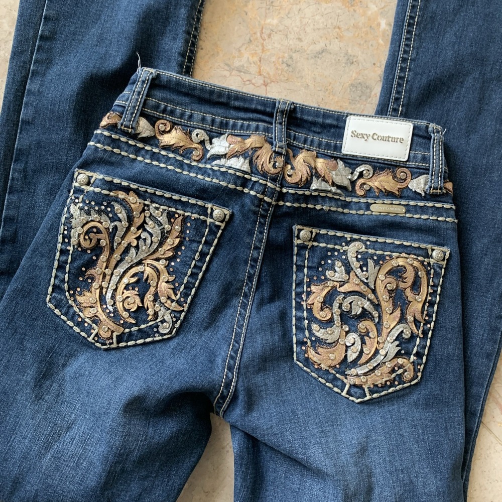 Sexy Couture Embellished Boot Cut Jeans Rhinestone Size 5 Thick Stitch Blue